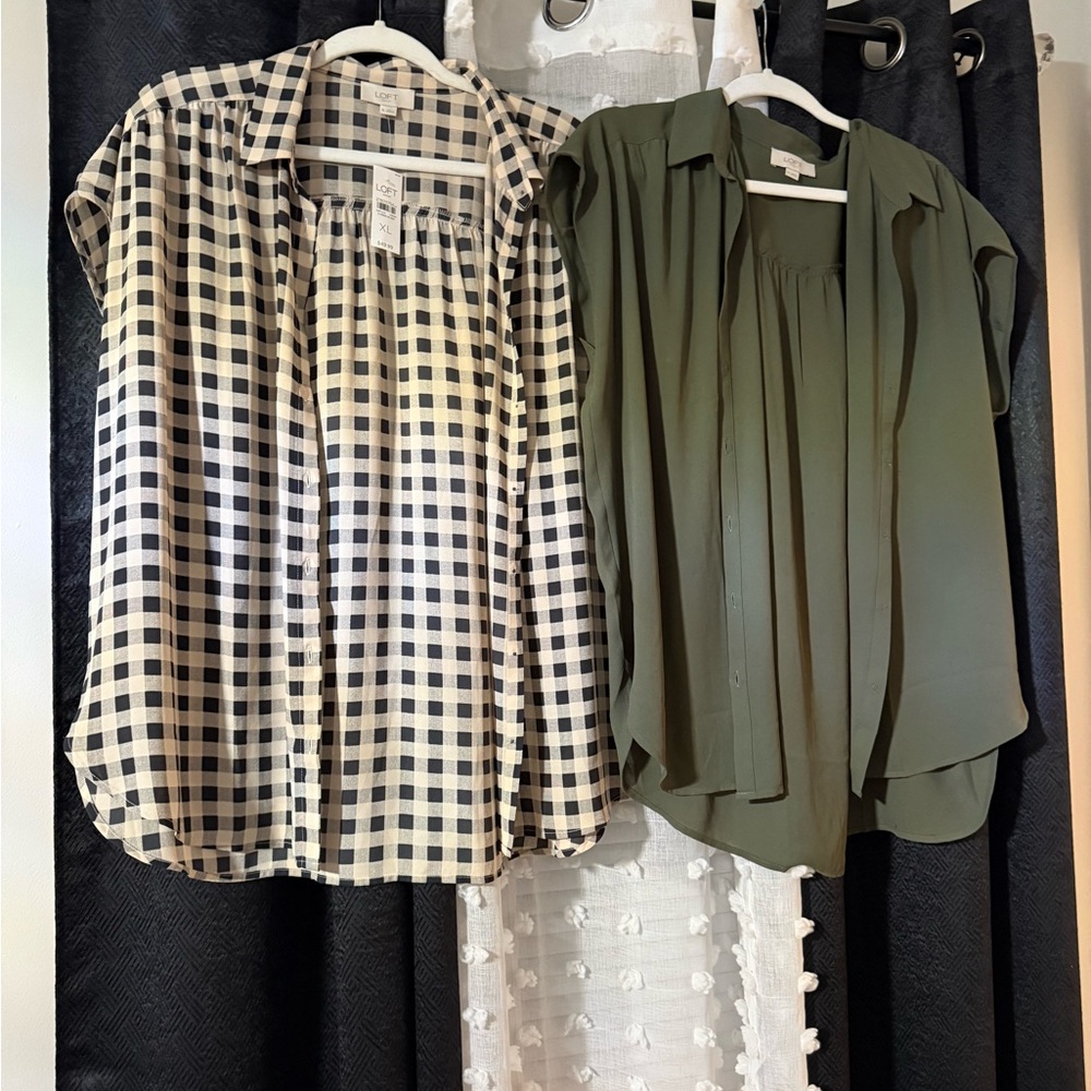LOFT Black and White Checkered & Olive Green Button Down Shirts NWT